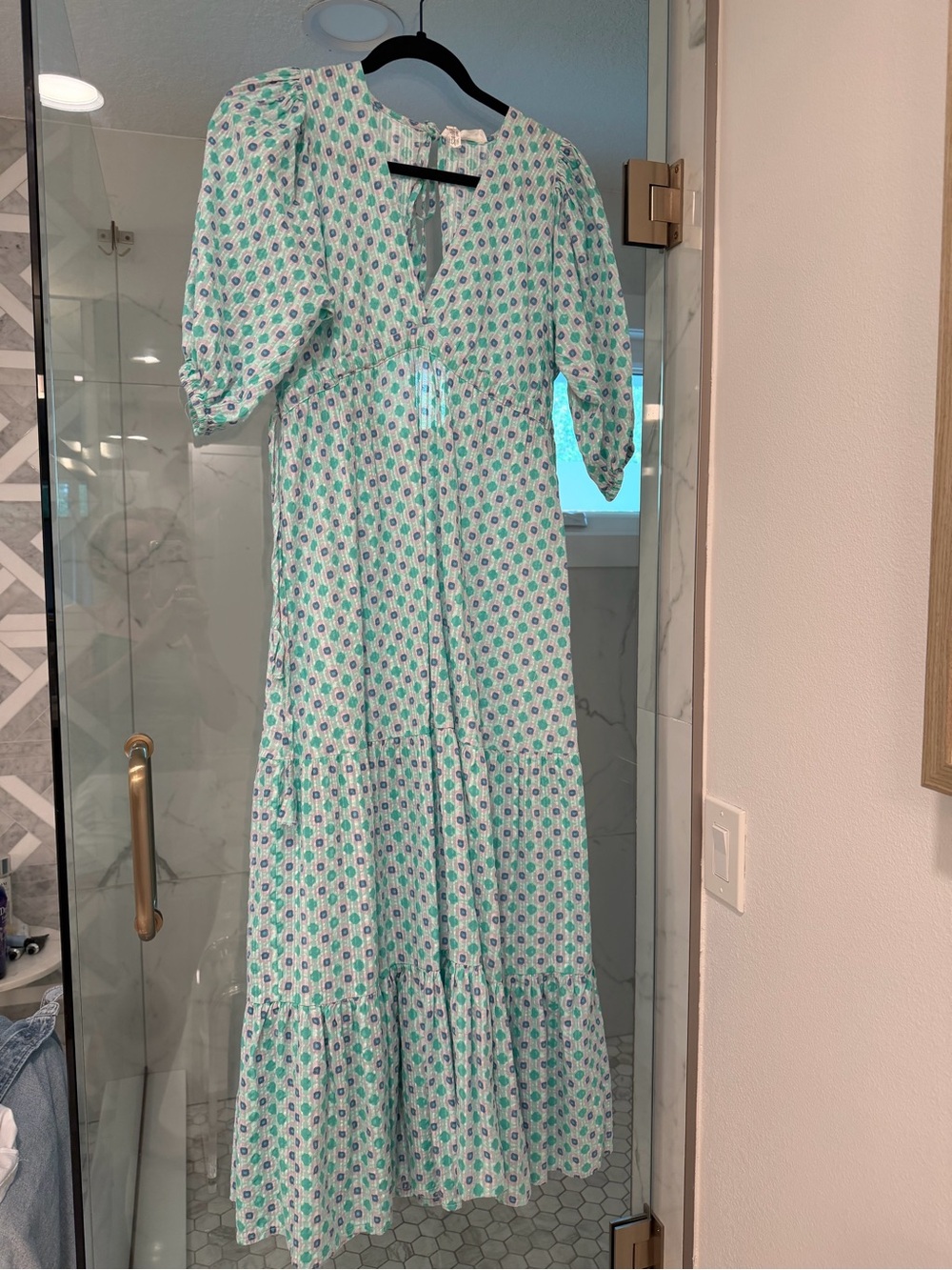 Mango Mint Floral Tiered Maxi Dress with Puff Sleeves